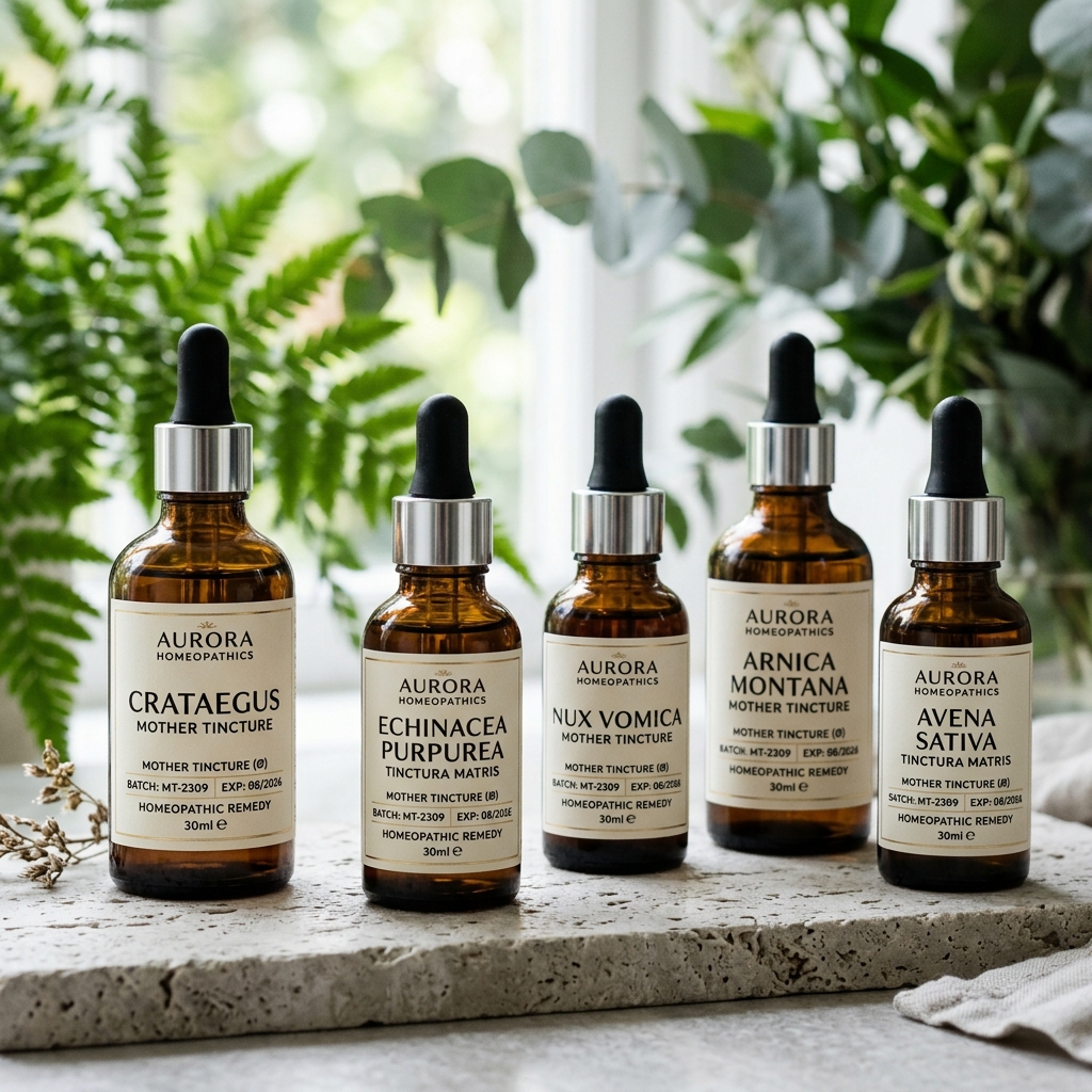 Homeopathic mother tinctures in amber glass bottles