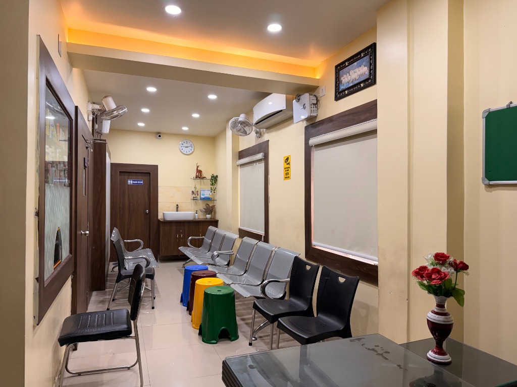 Clinic dispensary counter filled with homeopathic products